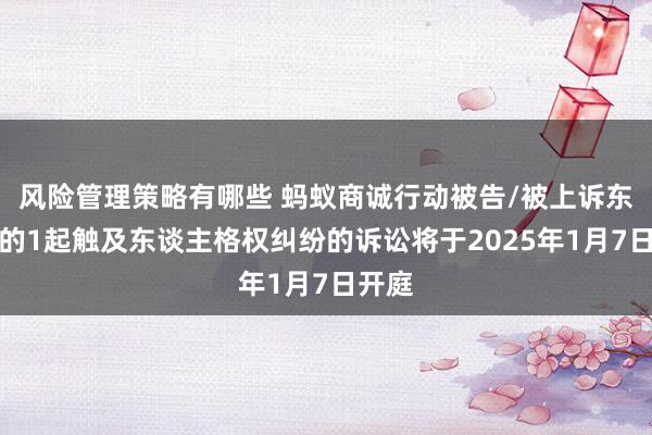 风险管理策略有哪些 蚂蚁商诚行动被告/被上诉东谈主的1起触及东谈主格权纠纷的诉讼将于2025年1月7日开庭